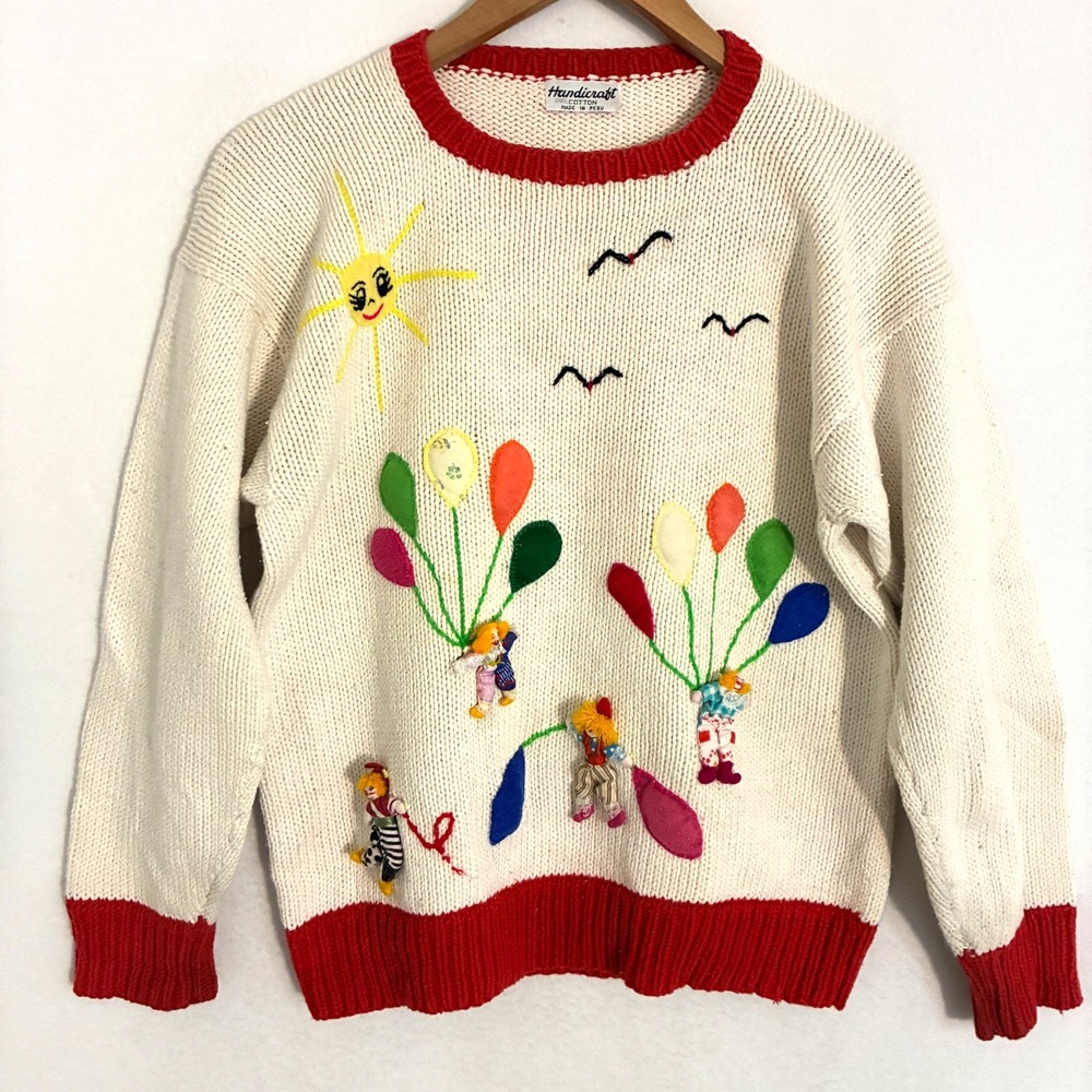 Vintage Handicraft Sweater Womens Fits Size M/L Knit Clowns Balloons Ringer